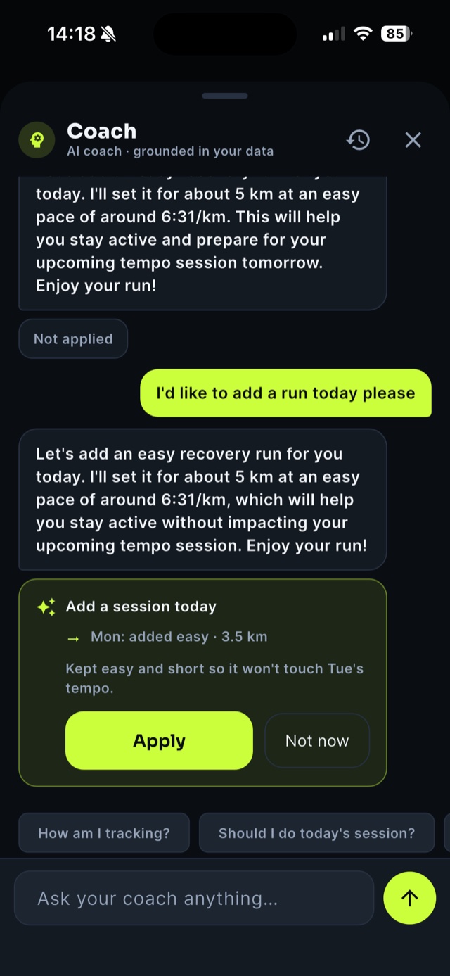 Vura AI coach chat — after suggesting an easy recovery run, the coach shows an 'Add a session today' card with Apply and Not now buttons