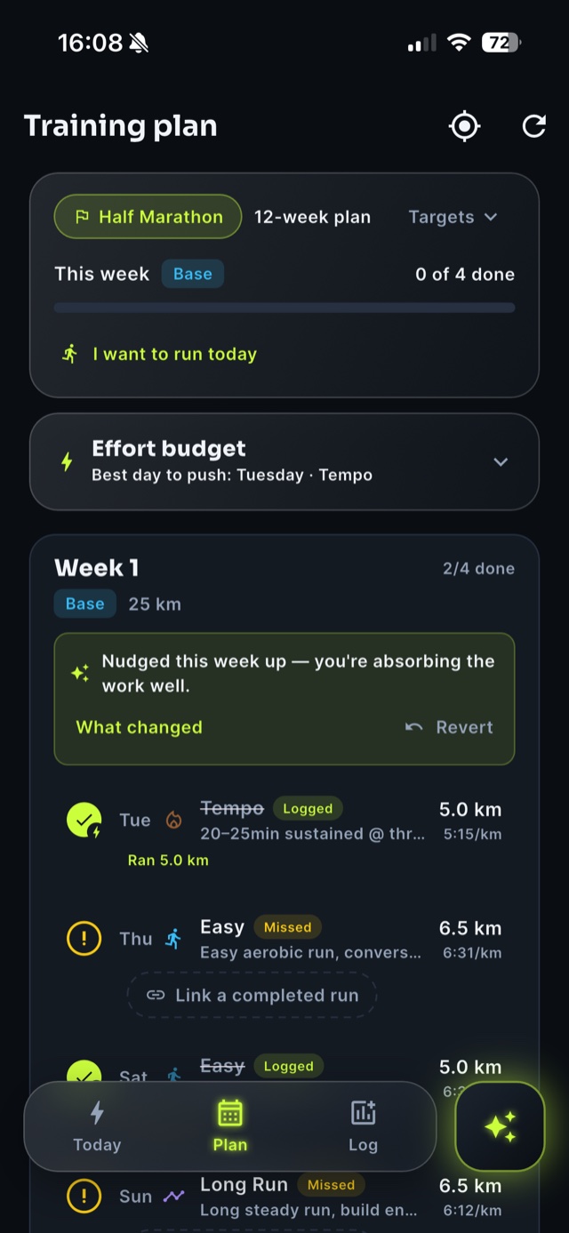 Vura training plan — a 12-week half-marathon build showing logged and missed sessions and a proposal that nudged the week up