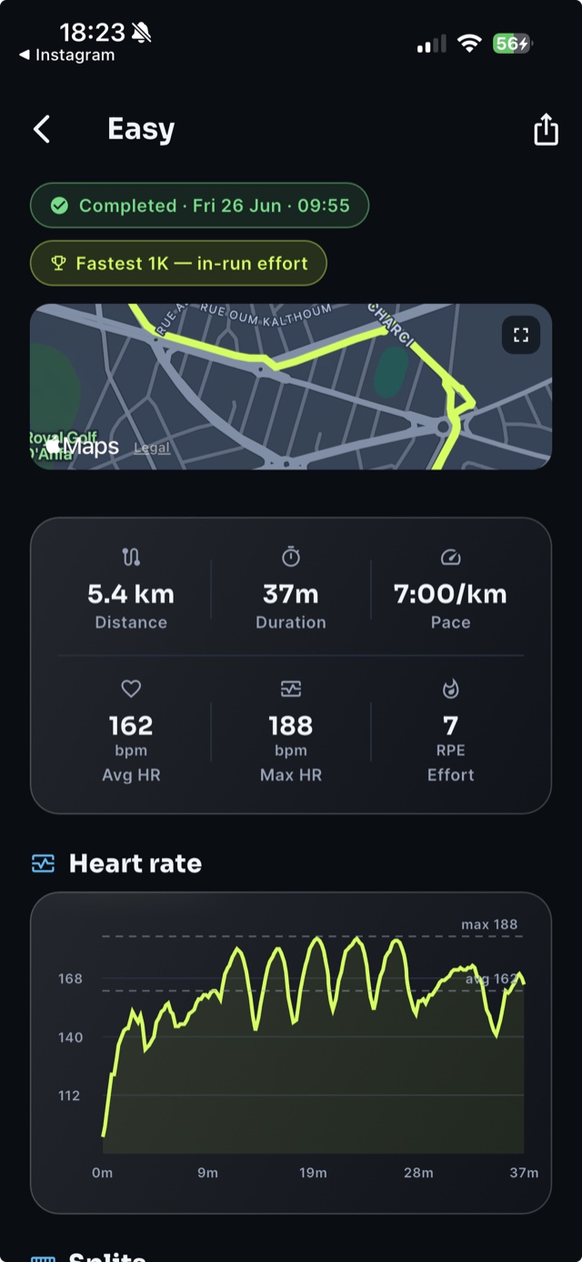 Vura run detail — a completed easy run with GPS route map, 5.4 km distance, 7:00/km pace, and a heart-rate graph