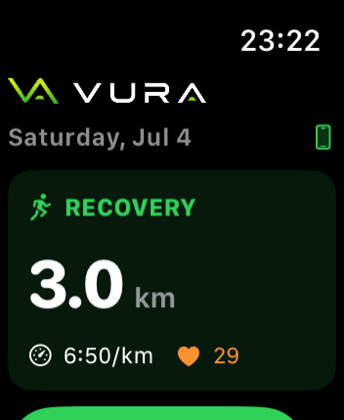 Vura on Apple Watch — Saturday's recovery run, 3.0 km at 6:50 per km